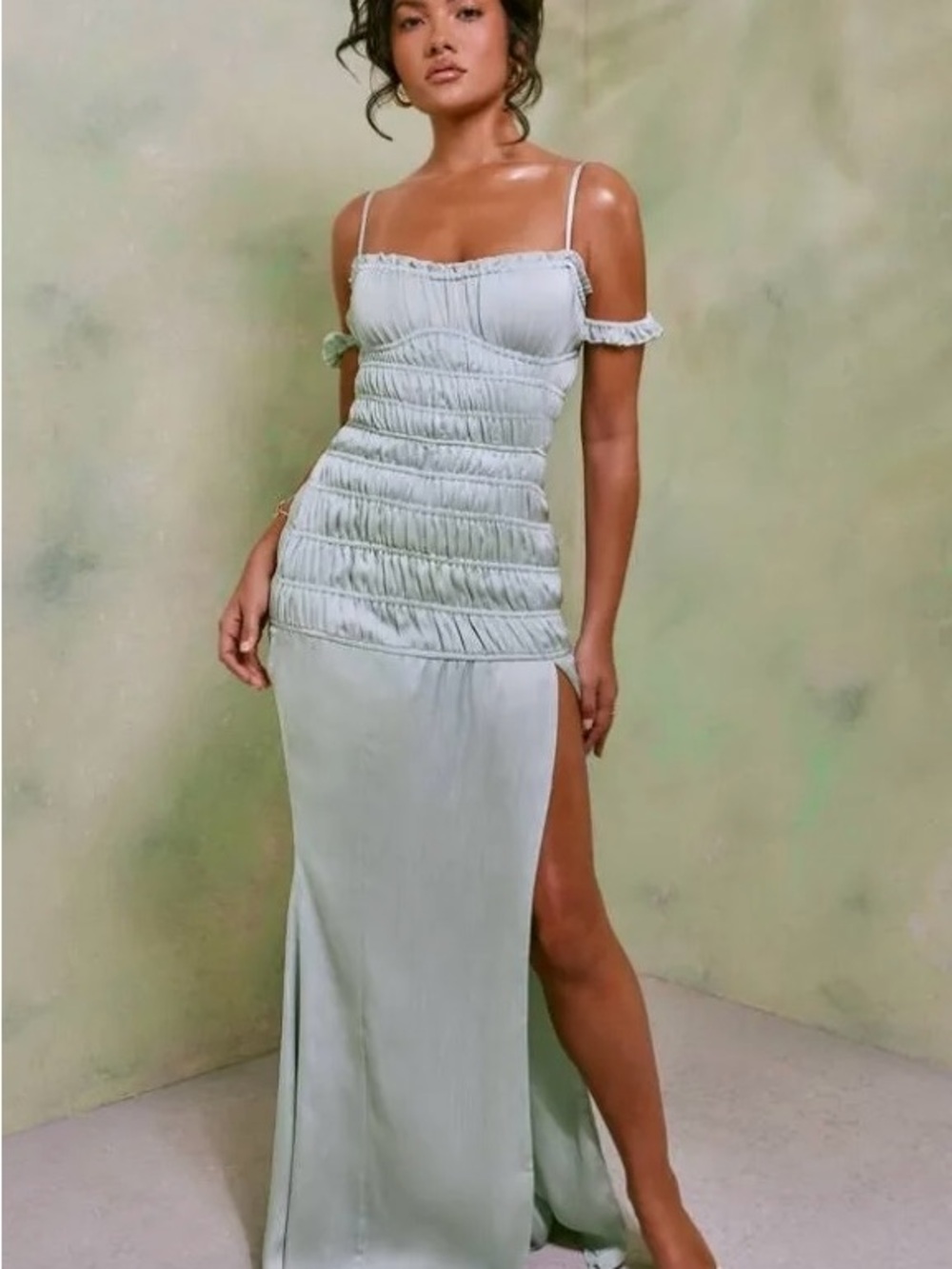 Oh Polly Light Sage Ruched Maxi Dress with Side Slit